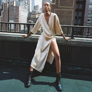 Zara White Satin Effect Midi Dress with Thigh Slit